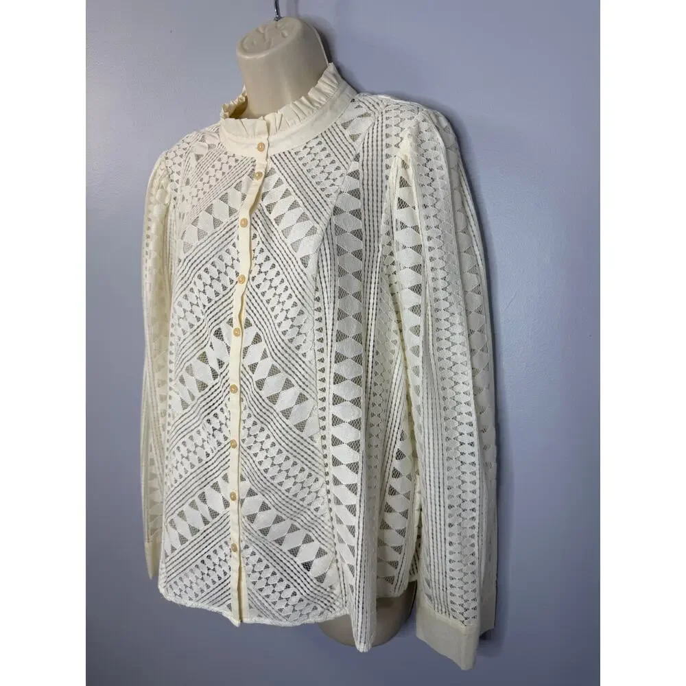 Anthropologie Lace Button Down Blouse Women's 16W Romantic Festival Cream